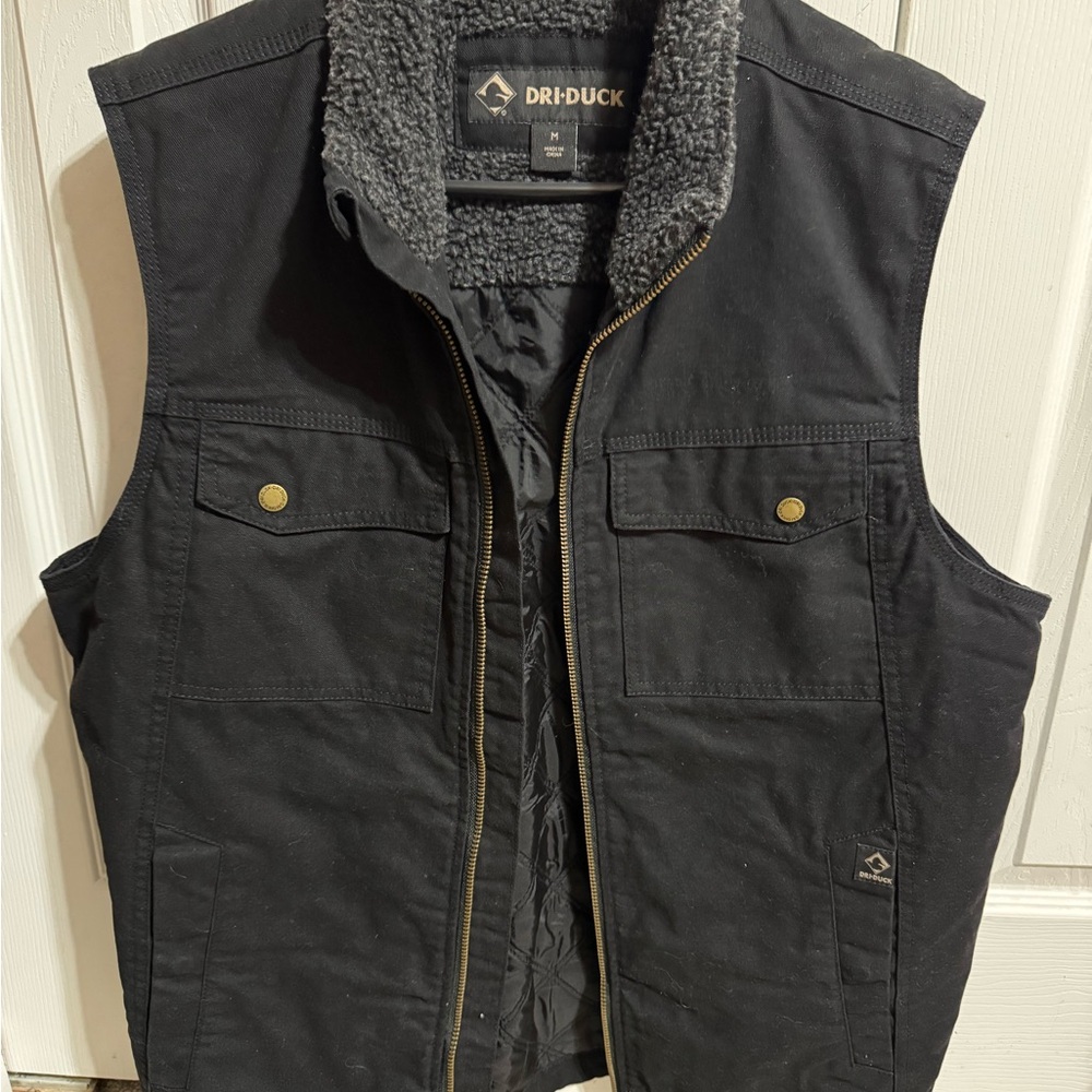 DRI DUCK Black Canvas Work Vest Sherpa Collar Quilted Lined Men’s M